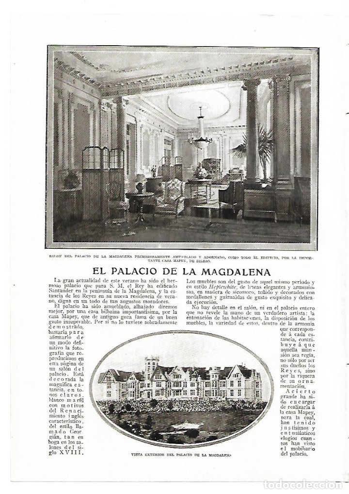 Collectionnisme: A&Ntilde;O 1913 RECORTE PRENSA SANTANDER  EL PALACIO DE LA MAGDALENA SALON AMUEBLADO CASA MAPEY BILBAO
