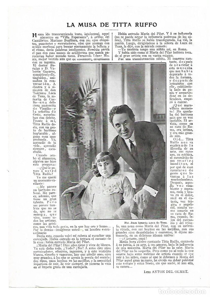 Sammelleidenschaft Papier: A&Ntilde;O 1913 RERCORTE PRENSA MUSICA MARIA DEL PILAR LA MUSA DE TITTA RUFFO OPERA BARITONO