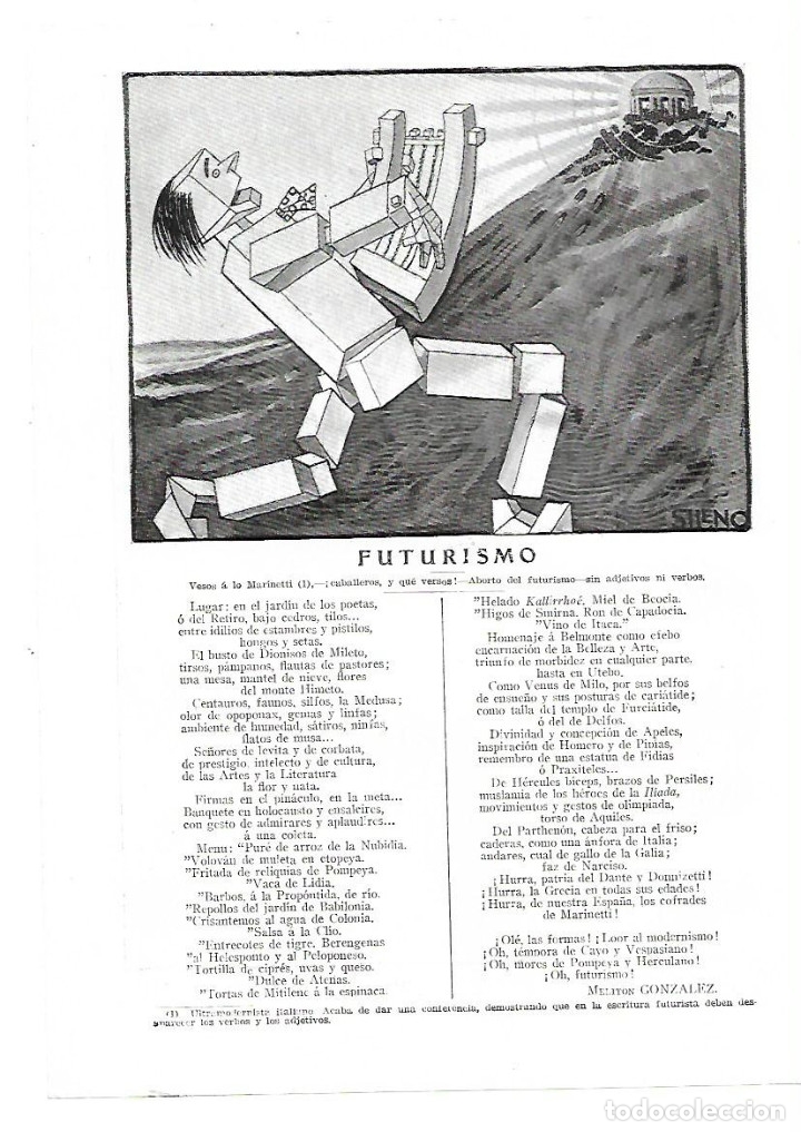 Colecionismo: A&Ntilde;O 1913 RECORTE PRENSA POESIA FUTURISMO POR MELITON GONZALEZ DIBUJO SILENO PAU PARELLADA