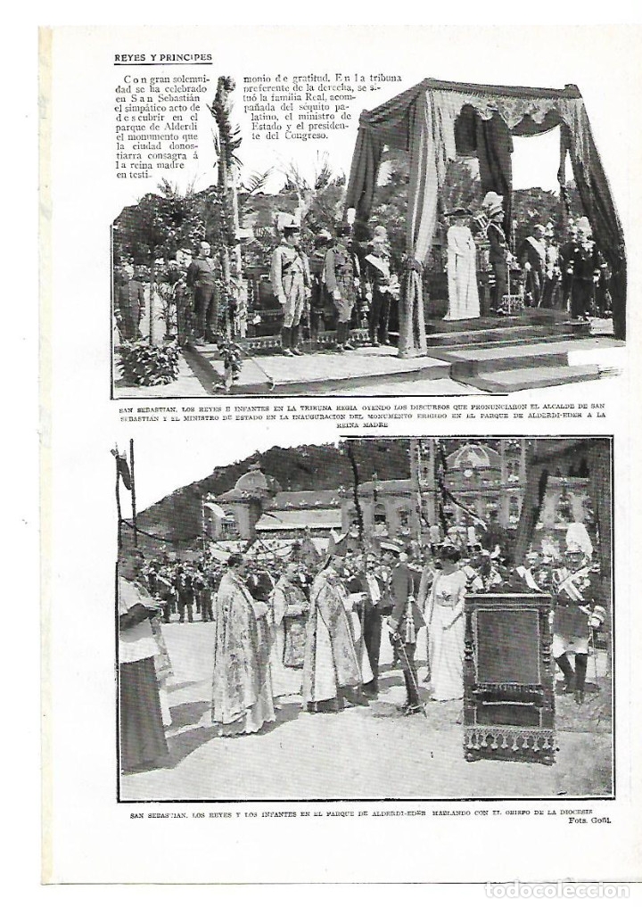Collectionnisme: A&Ntilde;O 1913 RECORTE PRENSA SAN SEBASTIAN REYES INAUGURACION MONUMENTO PARQUE ALDERDI EDER REINA MADRE