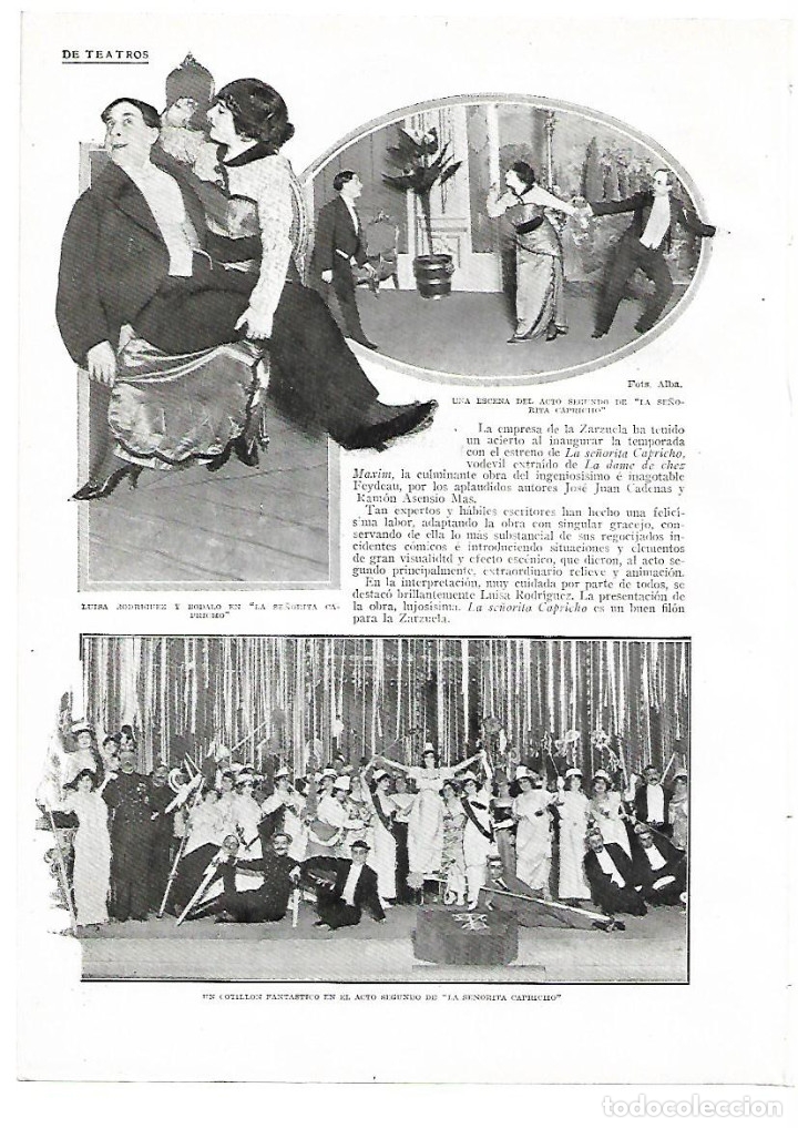 Colecionismo: A&Ntilde;O 1913 RECORTE PRENSA TEATRO LA ZARZUELA ESTRENO OBRA LA SE&Ntilde;ORITA CAPRICHO BODALO LUISA RODRIGUEZ