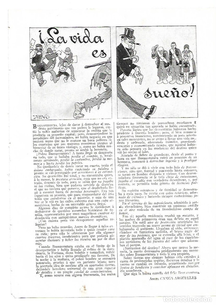 Collectionnisme: A&Ntilde;O 1913 RECORTE PRENSA RELATO CORTO HUMOR LA VIDA ES SUE&Ntilde;O ANGEL CANGA ARGUELLES DIBUJO SILENO