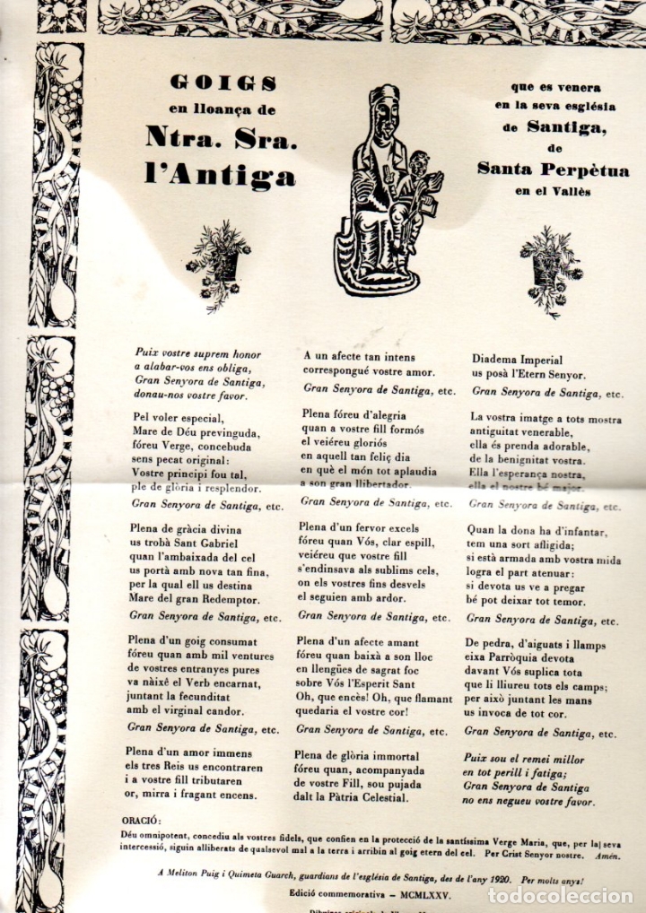 Collezionismo: GOIGS DE NTRA. SRA. L' ANTIGA - SANTIGA, SANTA PERPETUA (IMP. SALLENT, 1975.)