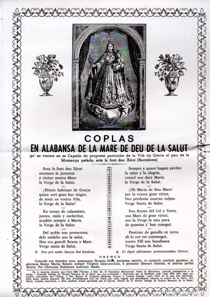 Collezionismo: GOIGS COPLAS EN ALABANSA DE LA MARE DE DEU DE LA SALUT - VILA DE GR&Agrave;CIA (S.D.)