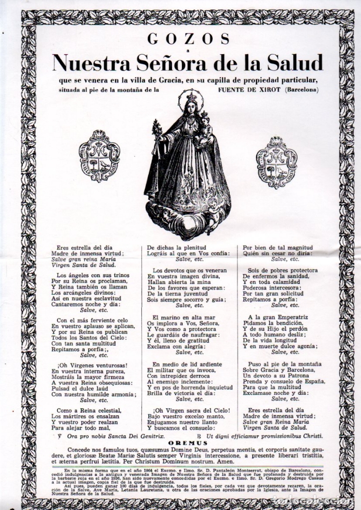 Collezionismo: GOIGS GOZOS DE NUESTRA SE&Ntilde;ORA DE LA SALUD - VILA DE GR&Agrave;CIA (S.D.)