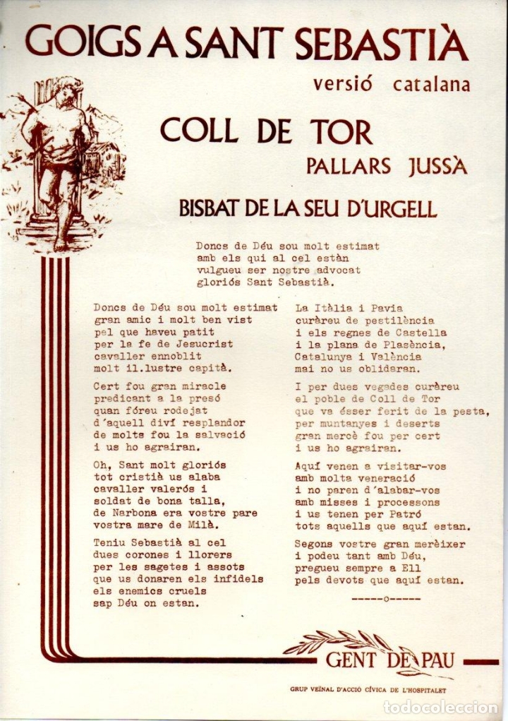 Collezionismo: GOIGS A SANT SEBASTI&Agrave; -COLL DE TOR, PALLARS JUSS&Agrave; (S.D.)