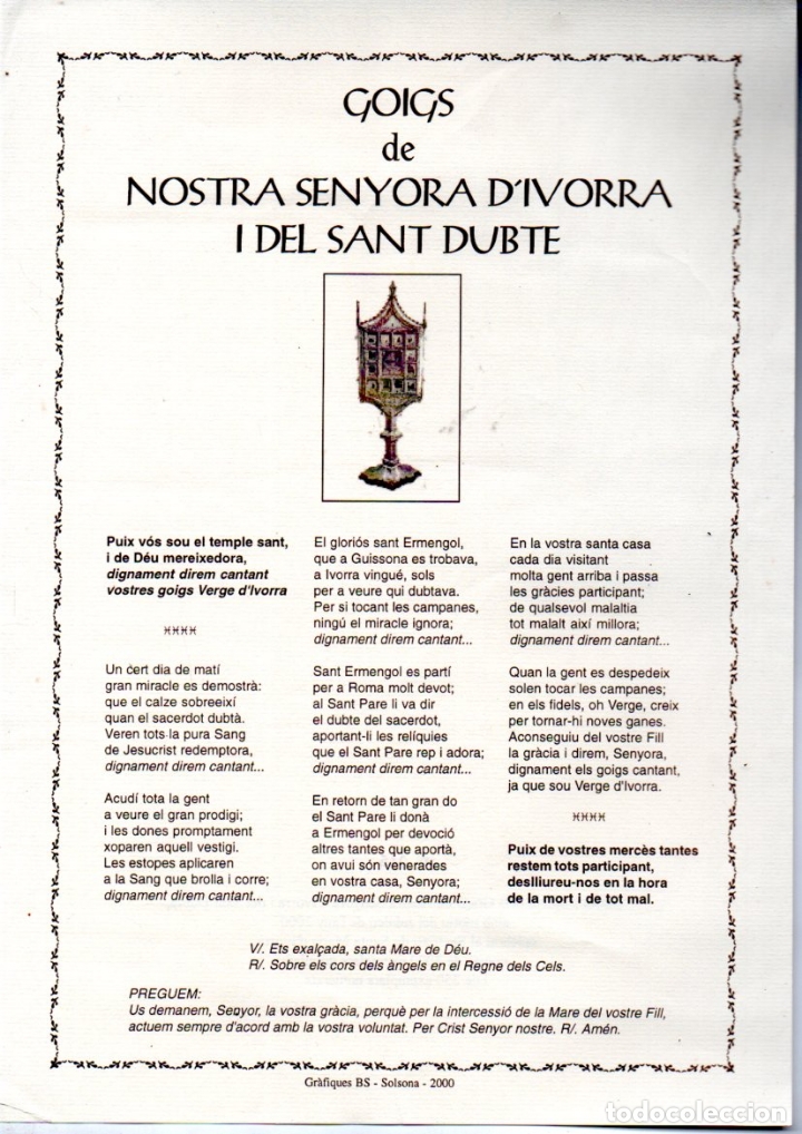 Collezionismo: GOIGS DE NOSTRA SENYORA D' IVORRA I DEL SANT DUBTE (IMP. BS, SOLSONA, 2000)