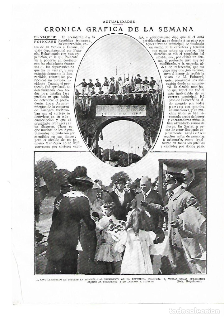 Collectionnisme: A&Ntilde;O 1913 RECORTE PRENSA FRANCIA JUNIERS ARCO LEVANTADO EN HONOR AL PRESIDENTE DE LA REPUBLICA