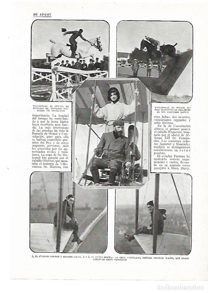 Collectionnisme: A&Ntilde;O 1913 RECORTE PRENSA AVIACION AVIADOR FARMAN MADAME DACTY AEROPLANO SISTEMA GRAHAM WITE PASAJEROS