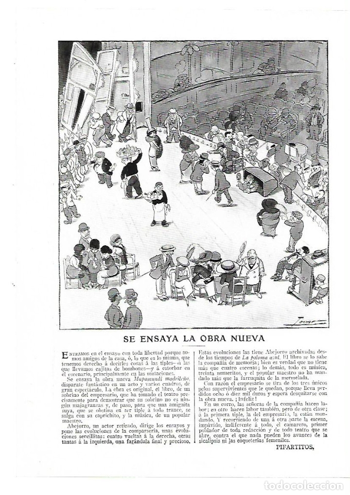 Collectionnisme: A&Ntilde;O 1913 RECORTE PRENSA RELATO CORTO HUMOR SE ENSAYA LA OBRA NUEVA PIFARTITOS CARICATURA TOVAR
