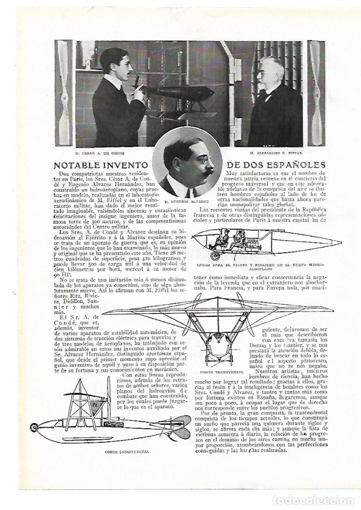 Collectionnisme: A&Ntilde;O 1913 RECORTE PRENSA INVENTOS HIDROAEROPLANO CESAR DE CONDE EUGENIO ALVAREZ ALEJANDRO EIFFEL