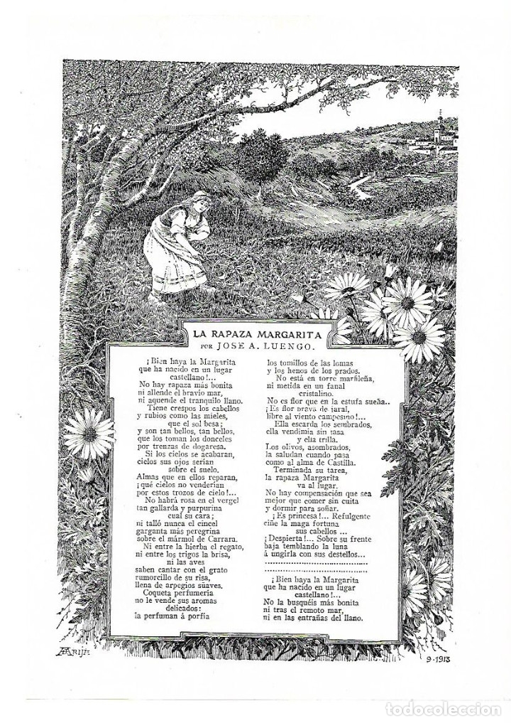 Collectionnisme: A&Ntilde;O 1913 RECORTE PRENSA POESIA LA RAPAZA MARGARITA POR JOSE LUENGO DIBUJO ARIJA ILUSTRACION