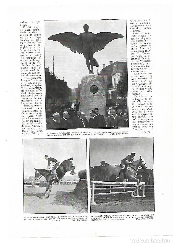 Colecionismo: A&Ntilde;O 1913 RECORTE PRENSA FRANCIA SAINT CLOUD INAUGURACION MONUMENTO AERONAUTA SANTOS DUMONT