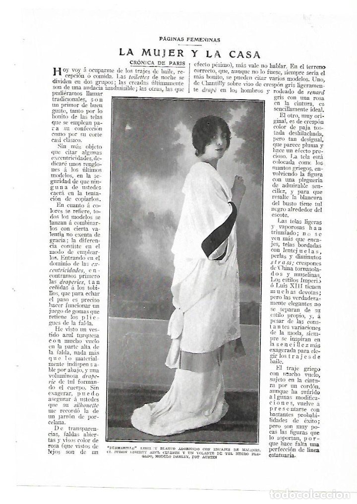 Collezionismo: A&Ntilde;O 1913 RECORTE PRENSA MODA FEMENINA DESHABILLE MODELO DARLEY