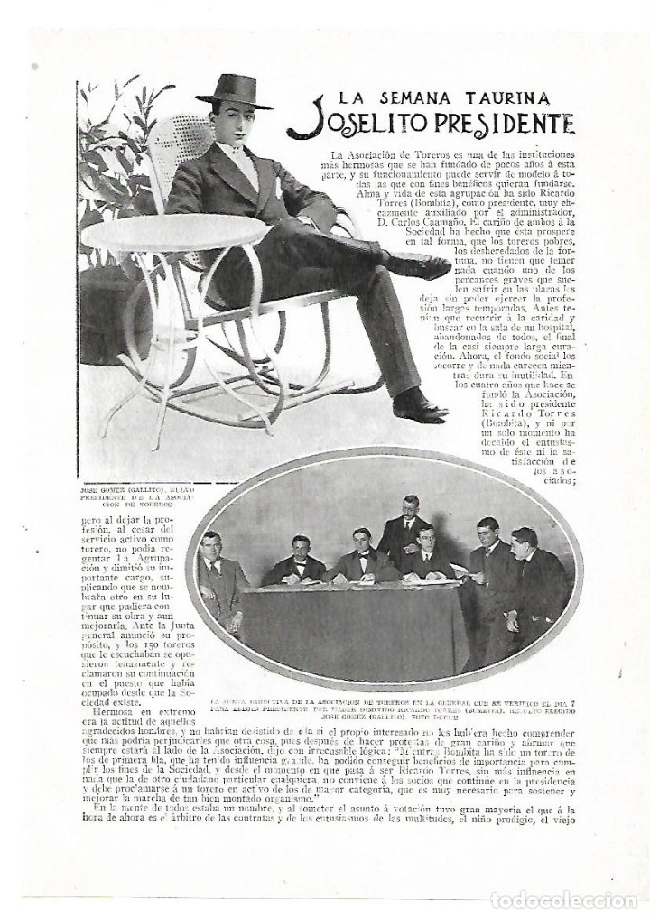 Coleccionismo: A&Ntilde;O 1913 RECORTE PRENSA TOROS TOREO JOSELITO JOSE GOMEZ GALLITO NUEVO PRESIDENTE ASOCIACION DE TORER