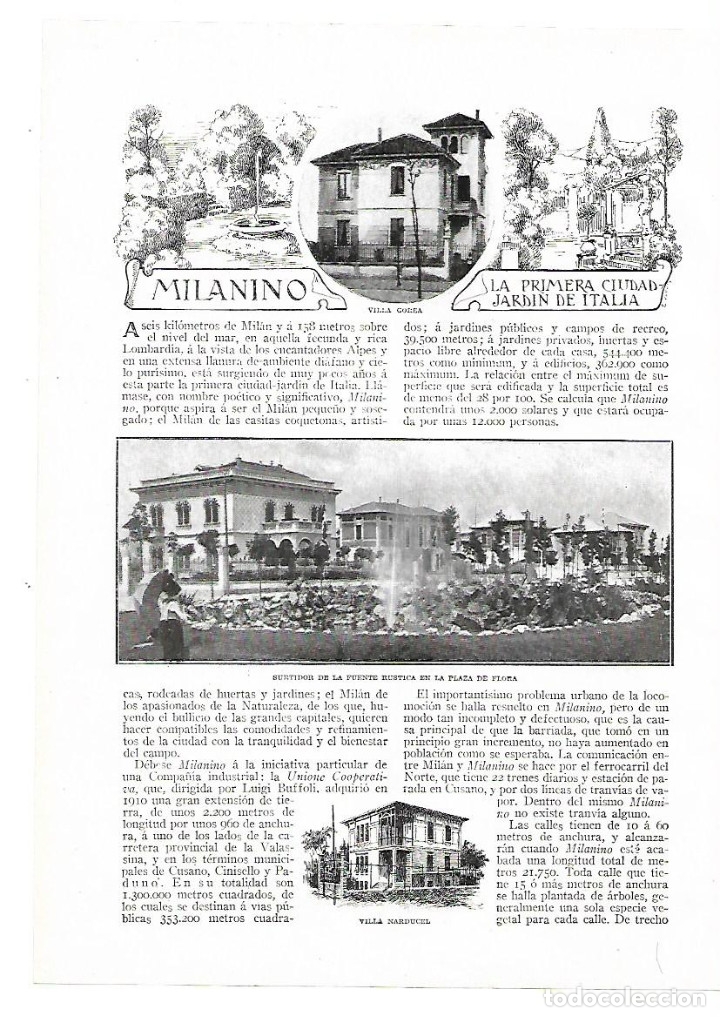 Coleccionismo: A&Ntilde;O 1913 RECORTE PRENSA MILANINO PRIMERA CIUDAD JARDIN DE ITALIA  SURTIDOR PLAZA DE FLORA OMONIMO