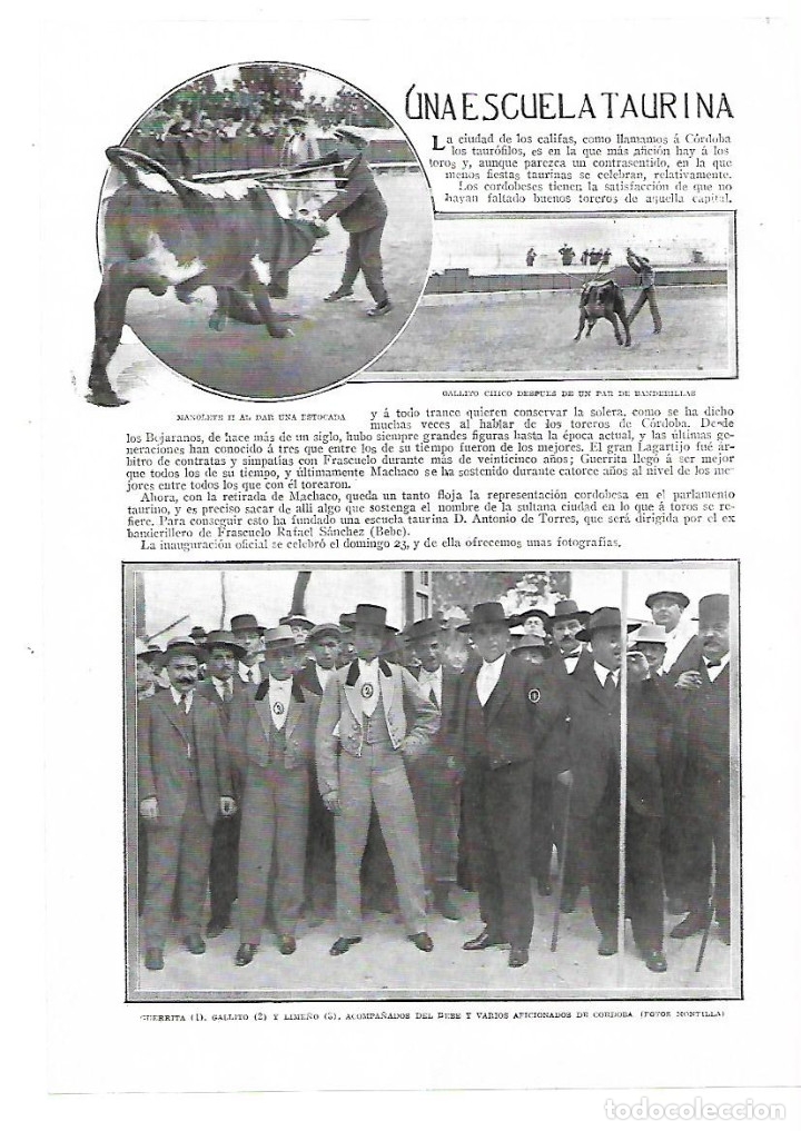 Colecionismo: A&Ntilde;O 1913 RECORTE PRENSA CORDOBA ESCUELA TAURINA ANTONIO DE TORRES DIRIGIDA FRASCUELO RAFAEL SANCHEZ