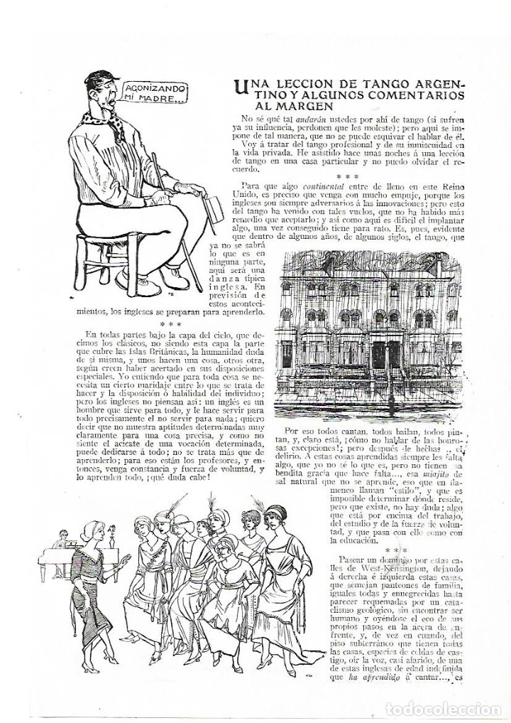 Collectionnisme: A&Ntilde;O 1913 RECORTE PRENSA RELATO UNA LECCION DE TANGO ARGENTINO POR SANCHA DIBUJO