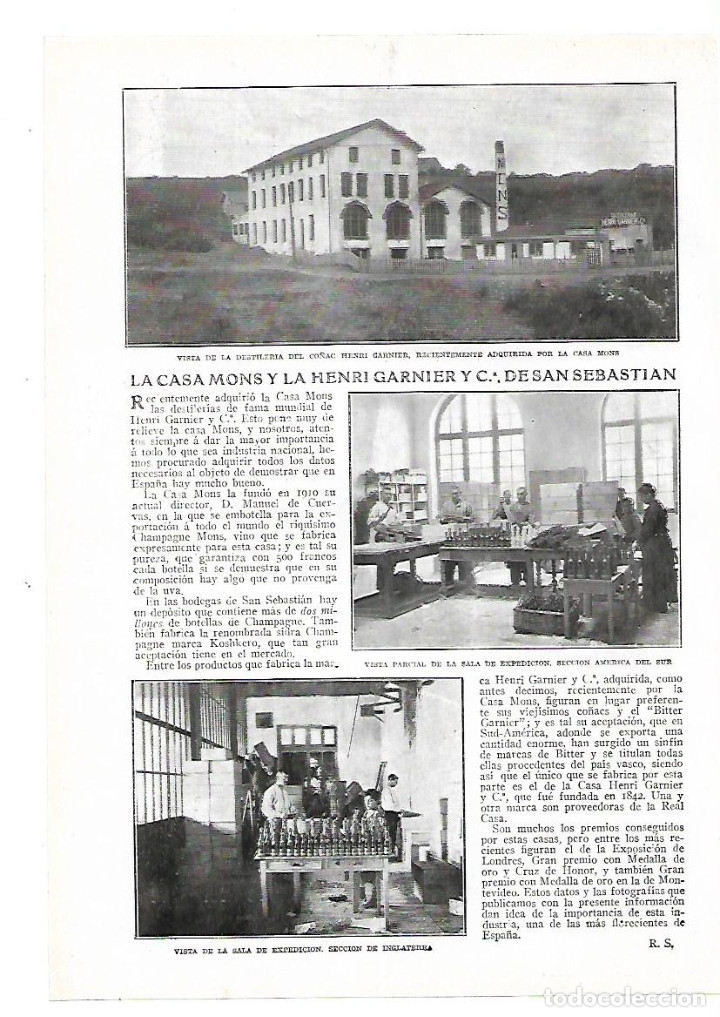 Collezionismo: A&Ntilde;O 1913 RECORTE PRENSA CASA MONS HENRI GARNIER SAN SEBASTIAN DESTILERIA CO&Ntilde;AC LICOR BEBIDAS