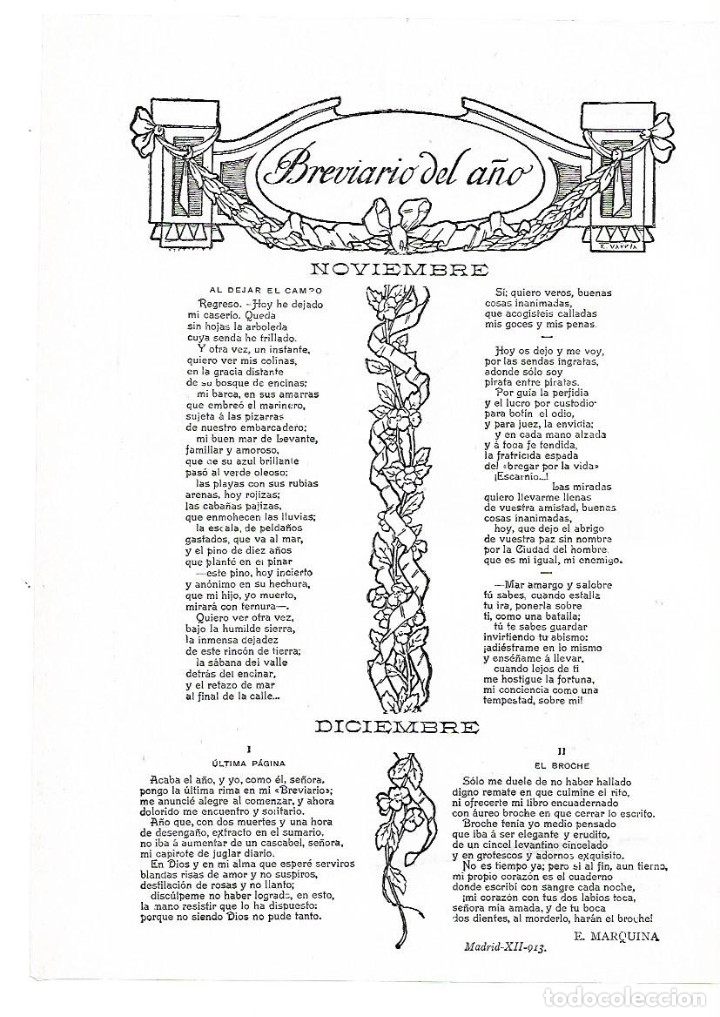 Collectionnisme: A&Ntilde;O 1913 RECORTE PRENSA POESIA BREVIARIO DEL A&Ntilde;O NOVIEMBRE DICIEMBRE POR MARQUINA