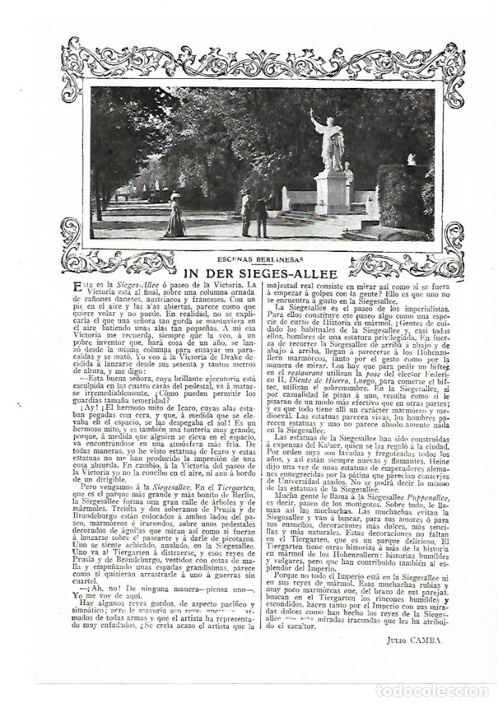 Coleccionismo: &Ntilde;O 1913 RECORTE PRENSA ALEMANIA BERLIN COSTUMBRES IN DER SIEGES ALLEE ESCENAS BERLINESAS JULIO CAMB