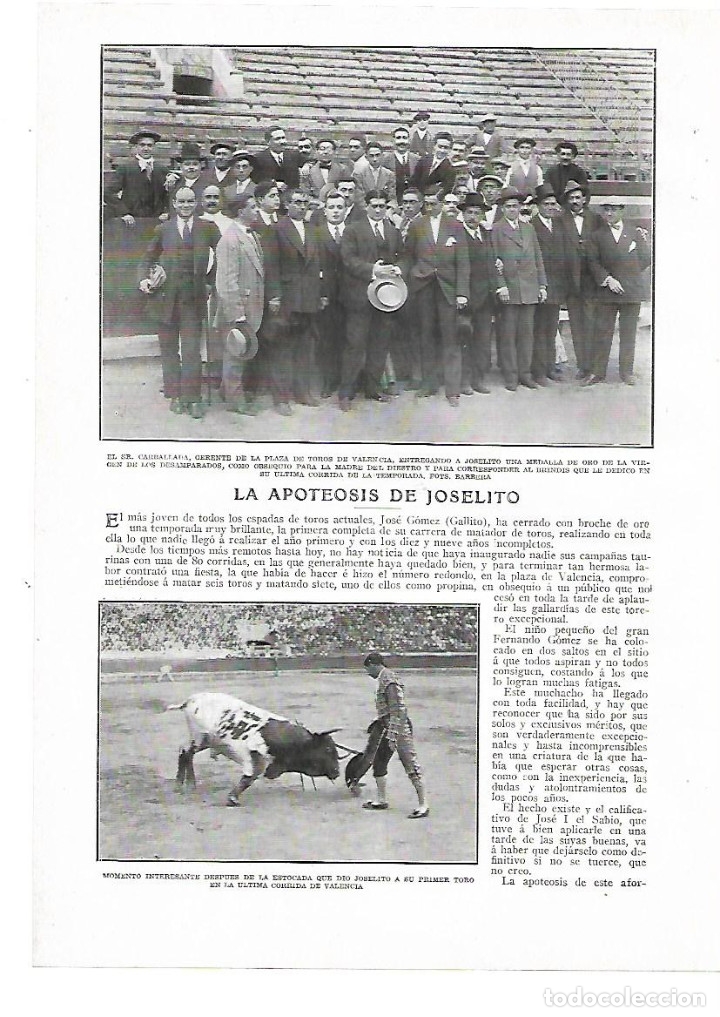 Colecionismo: A&Ntilde;O 1913 RECORTE PRENSA TOROS TORERO APOTEOSIS JOSELITO CORRIDA VALENCIA MEDALLA VIRGEN DESAMPARADOS