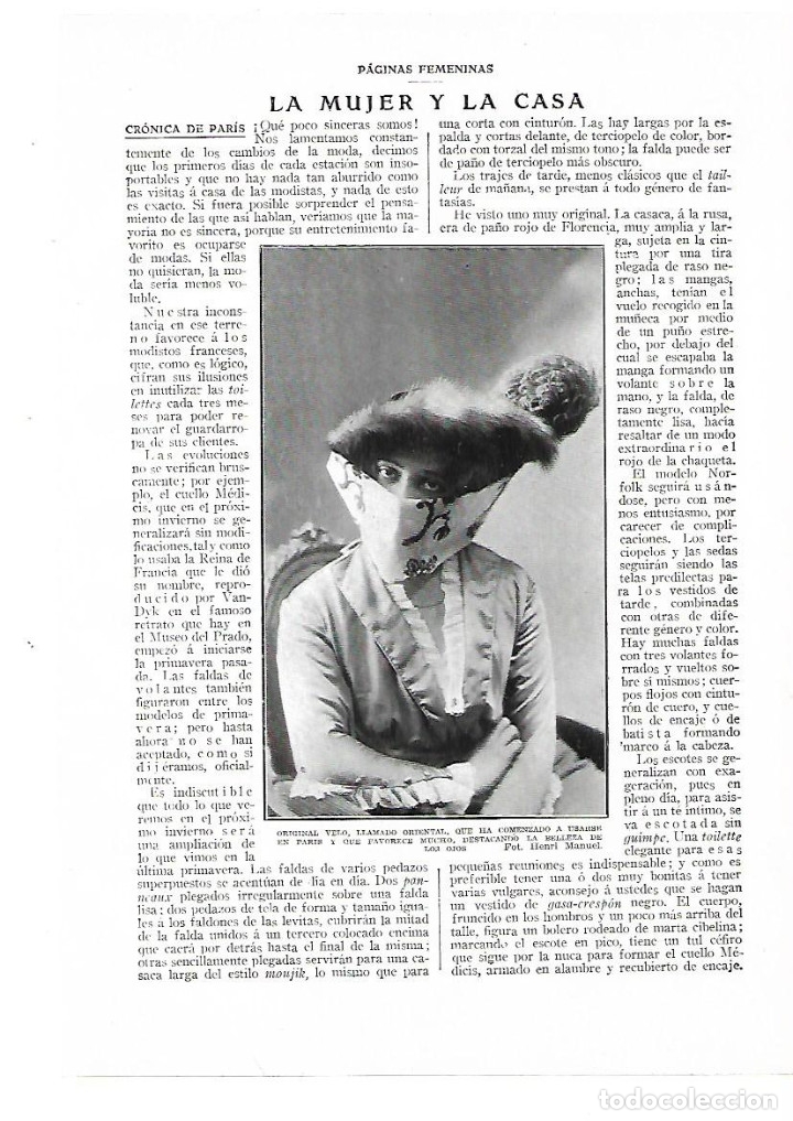 Sammelleidenschaft Papier: A&Ntilde;O 1913 RECORTE PRENSA MODA FEMENINA MUJER VELO ARABE ORIENTAL NUEVA MODA EN PARIS