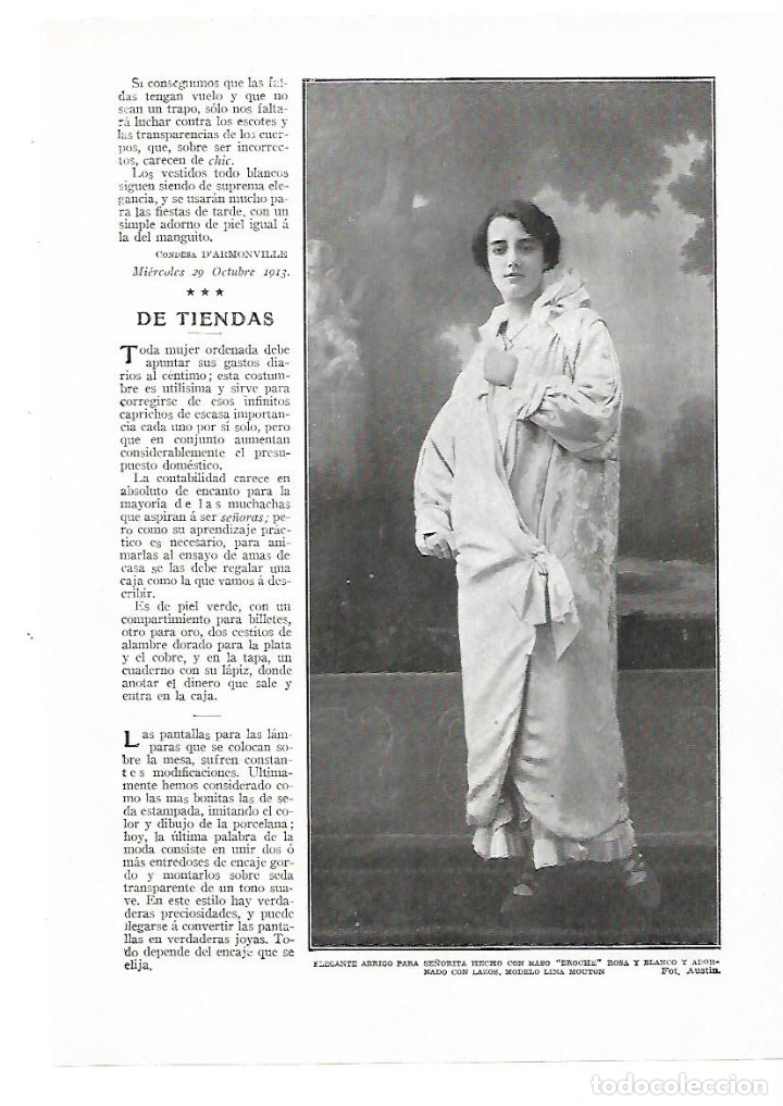 Coleccionismo: A&Ntilde;O 1913 RECORTE PRENSA MODA FEMENINA ABRIGO SE&Ntilde;ORITA RASO BROUCHE MODELO LINA BOUTON