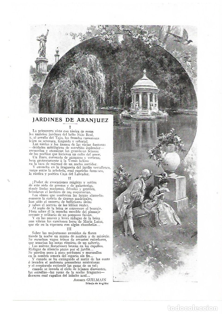 Collezionismo: A&Ntilde;O 1913 RECORTE PRENSA POESIA JARDINES DE ARANJUEZ ANDRES GUILMAIN DIBUJO REGIDOR ILUSTRACION