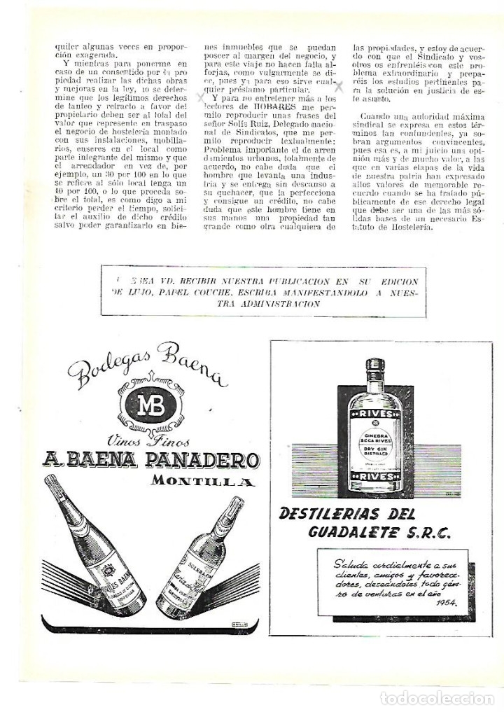 Collectionnisme: A&Ntilde;O 1953 RECORTE PRENSA PUBLICIDAD BODEGAS BAENA PANADERO MONTILLA VINO FINO BEBIDAS