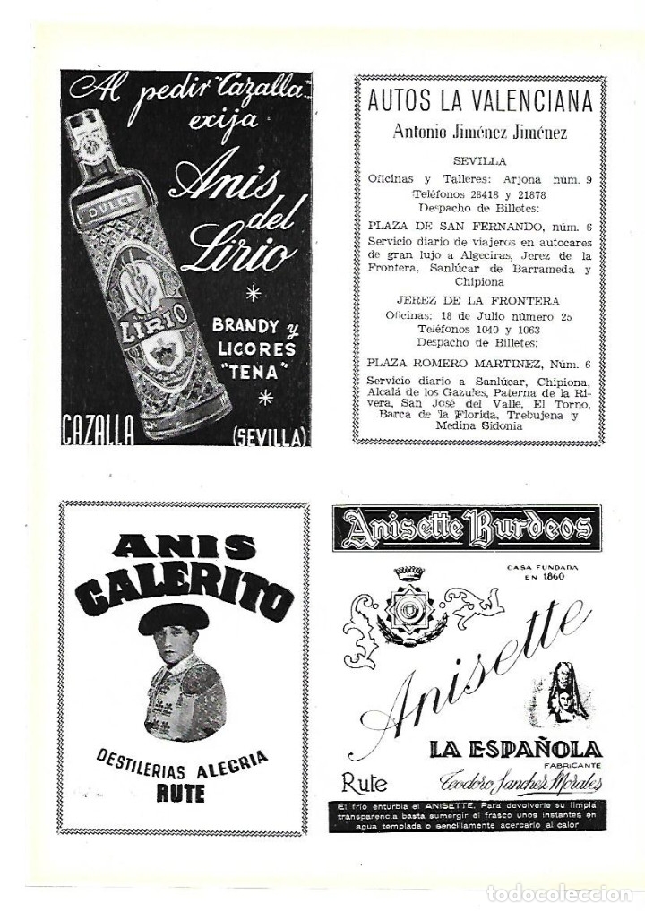 Colecionismo: &Ntilde;O 1953 RECORTE PRENSA PUBLICIDAD ANIS DEL LIRIO CAZALLA SEVILLA AUTOS LA VALENCIANA ANTONIO JIMENEZ