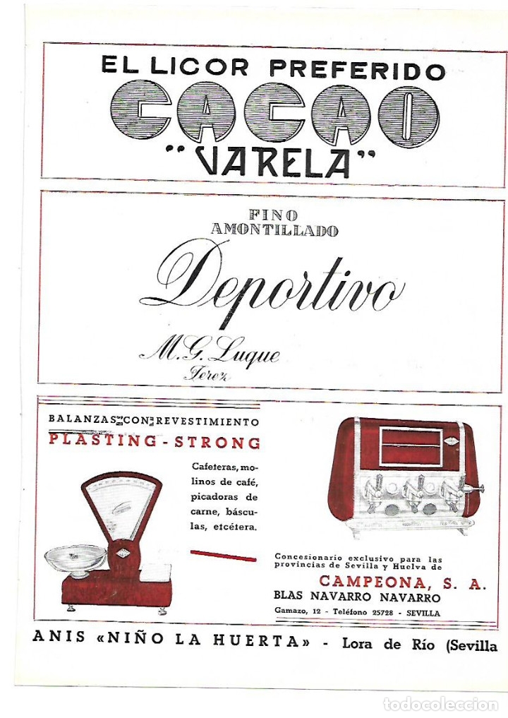 Colecionismo: A&Ntilde;O 1953 PUBLICIDAD BEBIDAS LICOR PREFERIDO CACAO VARELA FINO AMONTILLADO DEPORTIVO LUQUE JEREZ