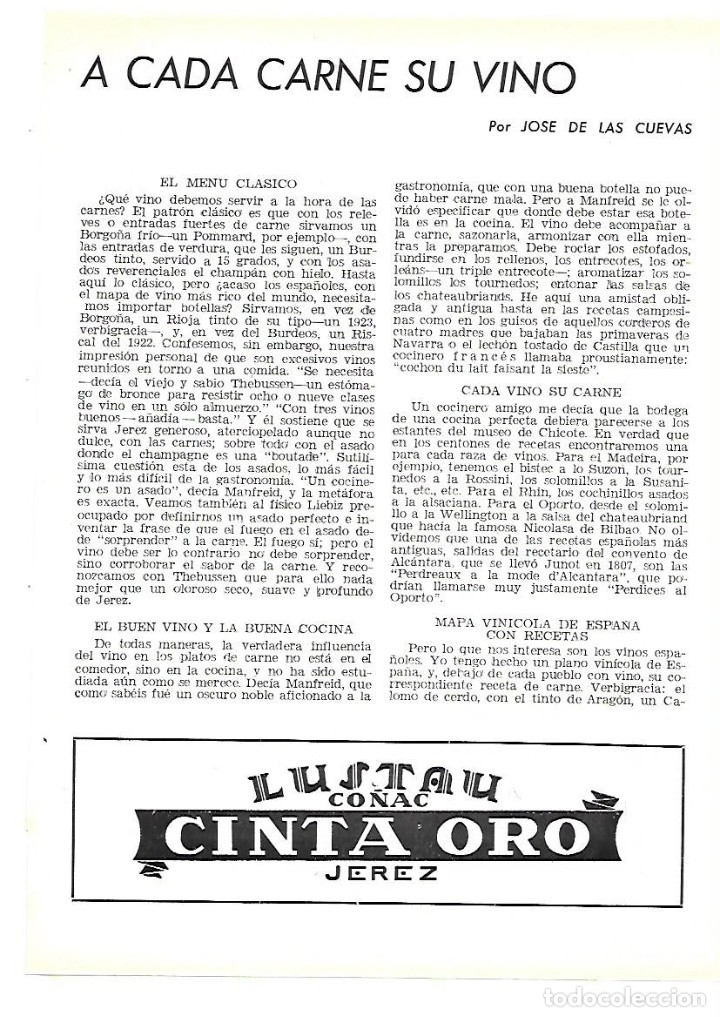 Collezionismo: A&Ntilde;O 1954 RECORTE PRENSA A CADA CARNE SU VINO COMIDA GASTRONOMIA ENOLOGIA