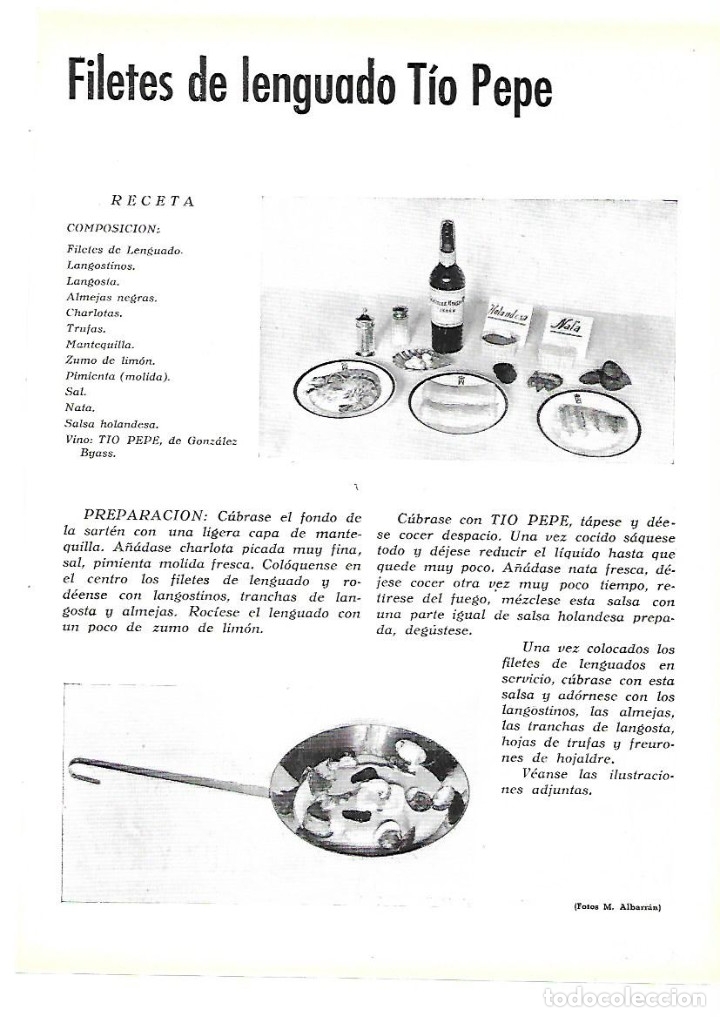 Colecionismo: A&Ntilde;O 1954 RECORTE PRENSA COCINA GASTRONOMIA RECETA FILETES DE LENGUADO TIO PEPE