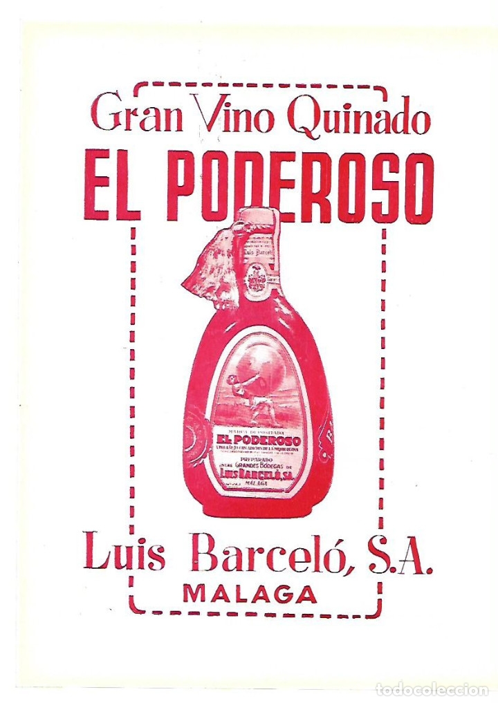 Colecionismo: A&Ntilde;O 1954 RECORTE PRENSA PUBLICIDAD BEBIDAS GRAN VINO QUINADO EL PODEROSO LUIS BARCELO MALAGA