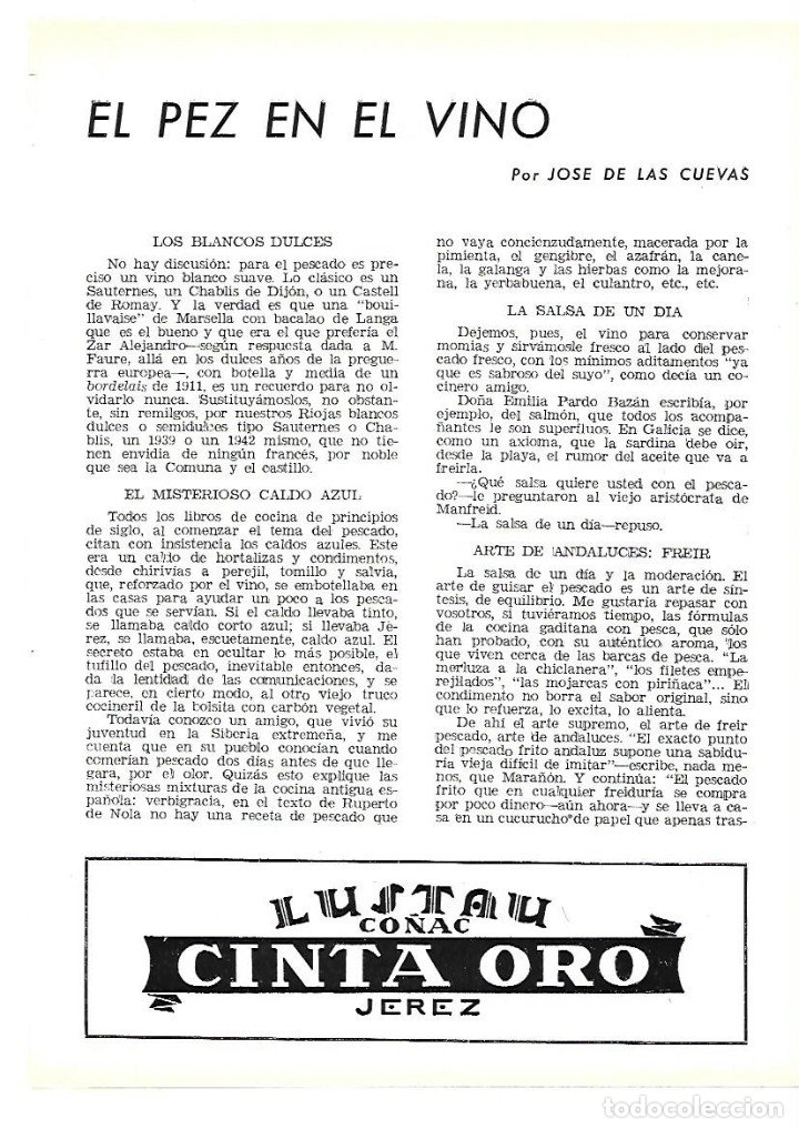 Collectionnisme: A&Ntilde;O 1954 RECORTE PRENSA GASTRONOMIA ENOLOGIA EL PEZ EN EL VINO MEJORES VINOS PARA PESCADO