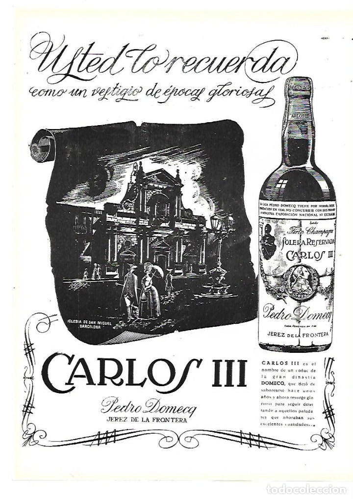 Sammelleidenschaft Papier: A&Ntilde;O 1954 RECORTE PRENSA PUBLICIDAD BEBIDAS CO&Ntilde;AC CARLOS III PEDRO DOMECQ JEREZ
