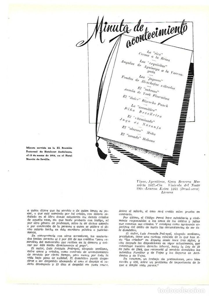 Coleccionismo: A&Ntilde;O 1954  GASTRONOMIA MINUTA REUNION FRATERNAL HOSTELEROS ANDALUCES HOTEL BIARRITZ SEVILLA