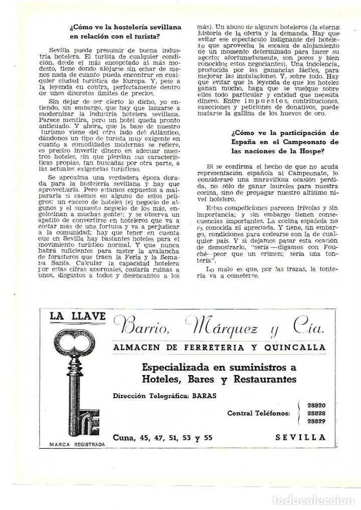 Colecionismo: A&Ntilde;O 1954 RECORTE PRENSA PUBLICIDAD LA LLAVE BARRIO MARQUEZ SEVILLA ALMACEN FERRETERIA QUINCALLA