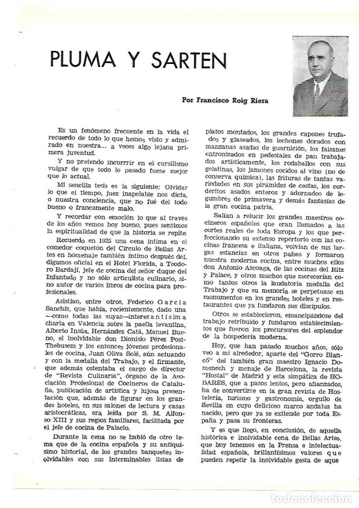 Collezionismo: A&Ntilde;O 1954 RECORTE PRENSA PLUMA Y SARTEN POR FRANCISCO ROIG RIERA RELATO ARTICULO