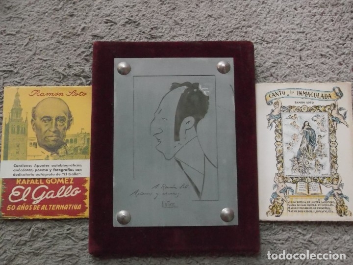 Coleccionismo: ANTIGUA PLACA METALICA DEL POETA ESCRITOR RAMON SOTO MONTADA EN TABLA-SE REGALA DOS LIBROS DEL POETA