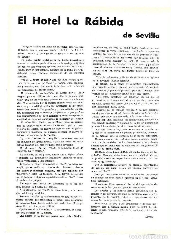 Collezionismo: A&Ntilde;O 1954 RECORTE PRENSA EL HOTEL LA RABIDA DE SEVILLA