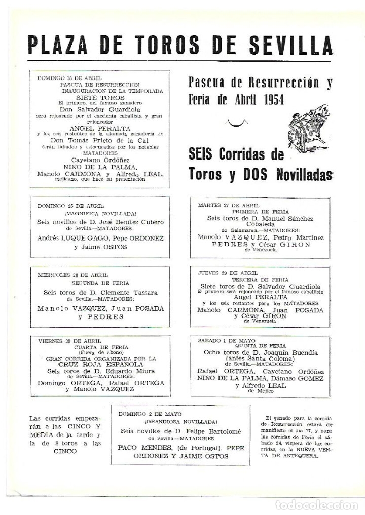 Sammelleidenschaft Papier: A&Ntilde;O 1954 RECORTE PRENSA PUBLICIDAD PROGRAMA PLAZA TOROS SEVILLA CORRIDAS NOVILLADAS FERIA ABRIL