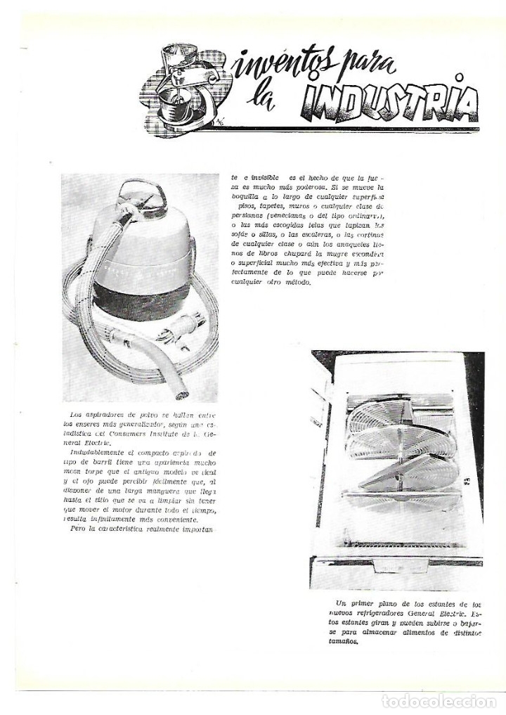 Collezionismo: A&Ntilde;O 1954 RECORTE PRENSA HOSTELERIA  INVENTOS ASPIRADORA POLVO  REFRIGERADOR GENERAL ELECTRIC