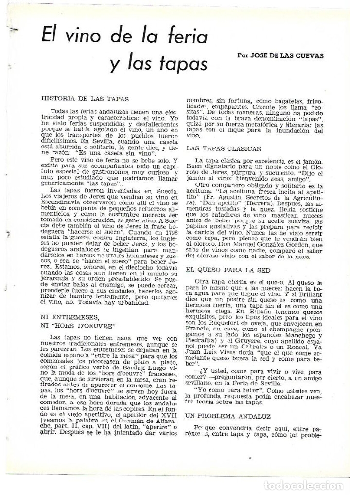Coleccionismo: A&Ntilde;O 1954 RECORTE PRENSA SEVILLA ANDALUCIA EL VINO DE LA FERIA Y LAS TAPAS HISTORIA TIPOS DE TAPAS