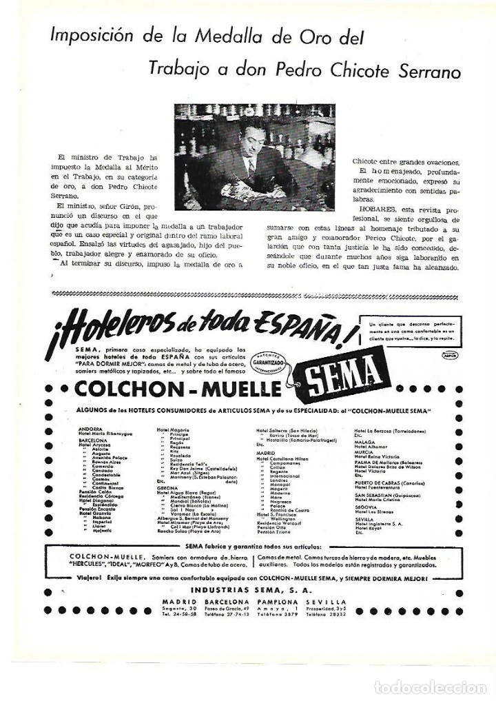 Coleccionismo: A&Ntilde;O 1954 RECORTE PRENSA IMPOSICION MEDALLA DE ORO DEL TRABAJO A PEDRO CHICOTE SERRANO HOSTELERO BAR