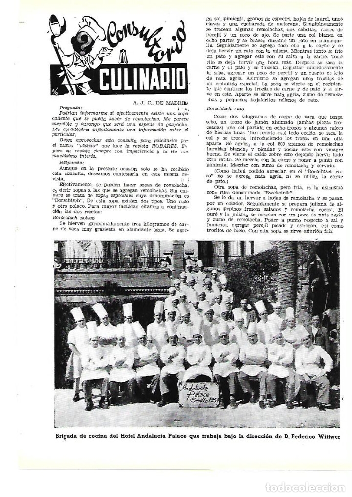 Coleccionismo: A&Ntilde;O 1954 RECORTE PRENSA FOTOGRAFIA  EQUIPO BRIGADA  COCINA  HOTEL ANDALUCIA PALACE FEDERICO WITTWER