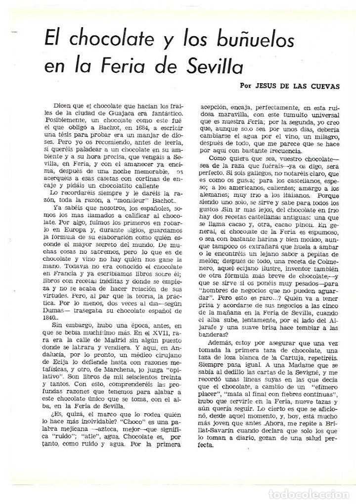 Collectionnisme: A&Ntilde;O 1954 RECORTE PRENSA GASTRONOMIA COCINA CHOCOLATE Y BU&Ntilde;UELOS EN LA FERIA DE SEVILLA