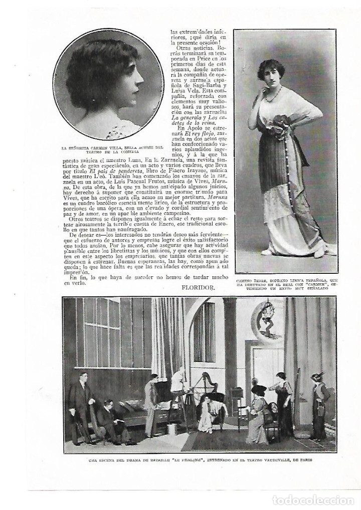 Collectionnisme: A&Ntilde;O 1914 RECORTE PRENSA FOTOGRAFIA SOPRANO LIRICA CAMINO BEJAR OPERA CARMEN TEATRO REAL