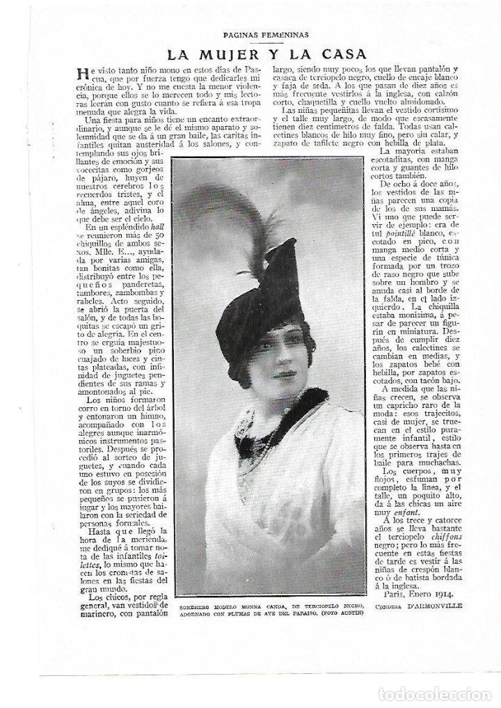 Collecting paper: A&Ntilde;O 1914 RECORTE PRENSA MODA FEMENINA SOMBRERO TERCIOPELO  PLUMA AVE DEL PARAISO MODELO MONNA CANDA